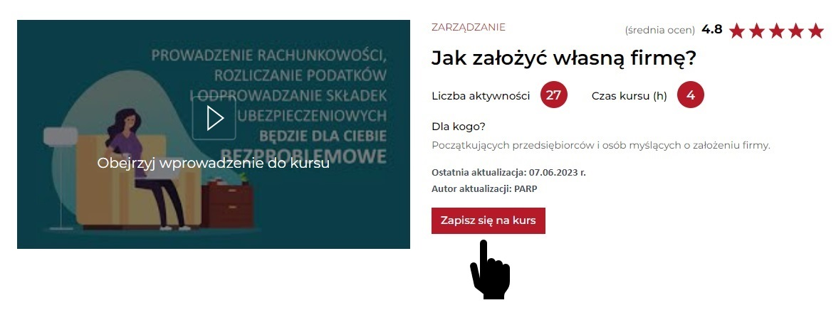 grafika przedstawiająca podstawowe informacje na temat kursu online, w tym tytuł, długość, informację na temat ostatniej aktualizacji i ocenę użytkownik&oacute;w