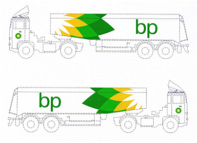 Rysunek przedstawia rzut boczny na ciągnik siodłowy z cysterną - jego lewą oraz prawą stronę. Na drzwiach ciągnika widać zielone koło z ż&oacute;łtym środkiem, natomiast na początku boku cysterny wz&oacute;r słonecznika w kolorze zielono-ż&oacute;łtym, zaś na końcu boku cysterny - napis 