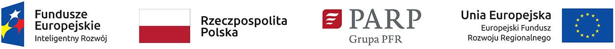 Ciąg Logotyp&oacute;w: Fundusze Europejskie Inteligentny Rozw&oacute;j, Rzeczpospolita Polska, PARP Grupa PFR, Unia Europejska Europejski Fundusz Rozwoju Regionalnego.
