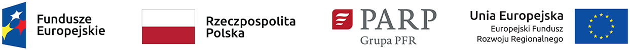 Ciąg Logotyp&oacute;w: Fundusze Europejskie, Rzeczpospolita Polska, PARP Grupa PFR, Unia Europejska Europejski Fundusz Rozwoju Regionalnego.